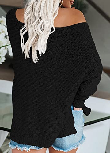Image of Women's Off Shoulder Knit Sweaters Oversized V Neck Long Sleeve Loose Lightweight Pullover Tops