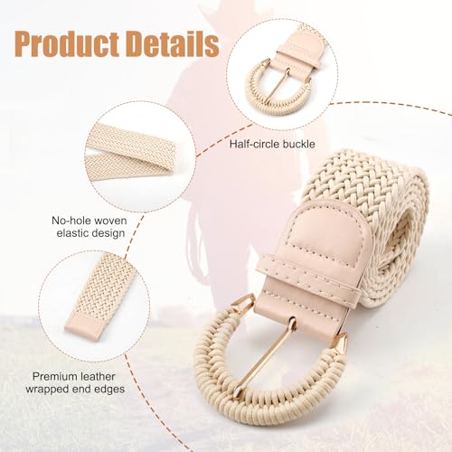 2pcs Women Braided Rattan Belt, Woven Waist Belt Straw Elastic Waist Belts with Half-Circle Button Boho Wide Rattan Belt for Dress Jeans (Khaki, Camel)4