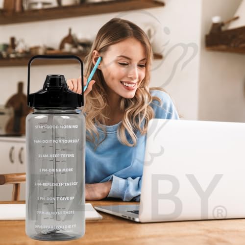Image of RABBY 2L Motivational Water Bottle for Kids & School Use | Time Marker, BPA-Free, Leakproof Straw Lid, Carry Strap | Plastic Water Bottle for Travel, Sports, Gym, Office, (Black 1Pcs)