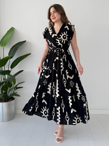 Image of KZULLY | Dress for Women | Feminine Cross Tie Long | Soft Frill Arm Detail Look | Stylish Allover Print Wear