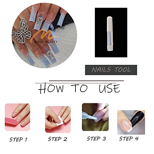 Misud 24 Pcs Long Coffin Press On Nails Ballerina Fake Nails Matte Glue On Nails Blue Pink Gradient Acrylic Nails Luxury 3D Rhinestone Artificial Nails White Swirl Stick On Nude False Nails With Desgin #TOP5