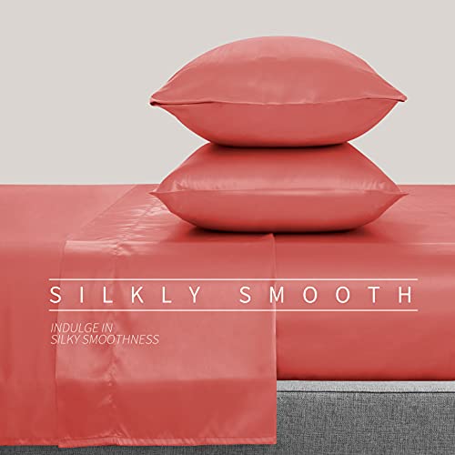 Cobedzy 4 Piece Luxury Queen Sheet Set, Soft Silky Bed Sheets Queen Set, Coral Satin Sheet Set With 1 Deep Pocket Fitted Sheet 1 Flat Sheet 2 Satin Pillowcases #TOP2