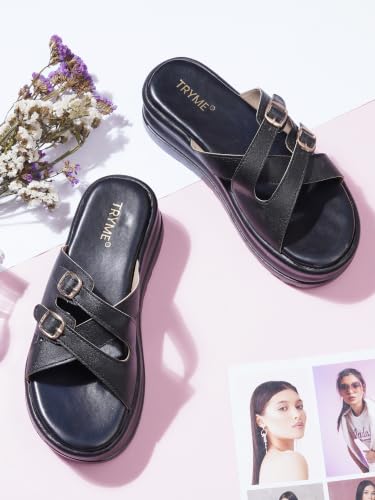 Image of TRYME Women's Stylish Platform Heel Sandals | Comfortable Slip-On Fashion Footwear for College, Office & Casual Wear