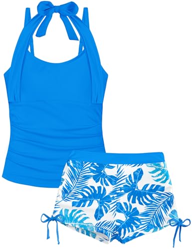 Image of Girls Swimsuit 2 Piece Halterneck Girls Tankini Swimsuit Drawstring Printed Swim Shorts Girl Bathing Suit for 7-18T