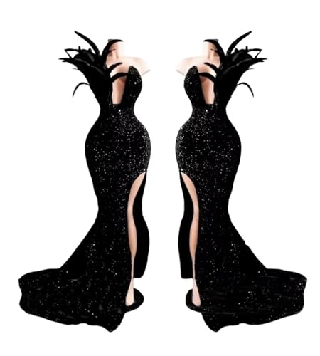 Women's High Split Feathers Sexy Sequins Prom Dress Deep V