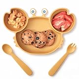 ROCCED Suction Plates for Baby, Silicone Plates with Suction for Baby Divided, Baby Spoon Fork Set for Toddler Baby Dishes Kids Utensils-Crab Yellow