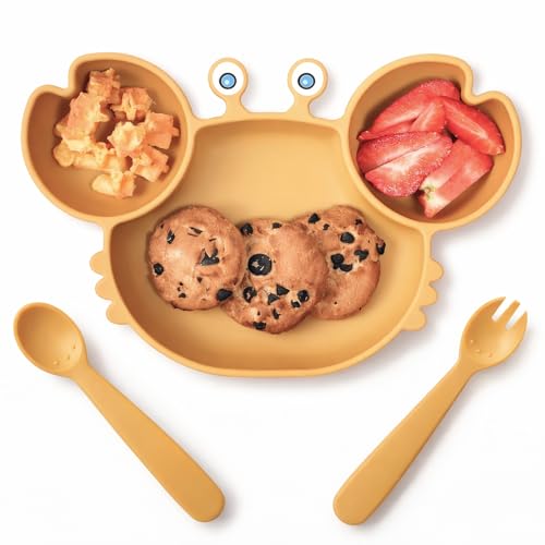 ROCCED Suction Plates for Baby, Silicone Plates with Suction for Baby Divided, Baby Spoon Fork Set for Toddler Baby Dishes Kids Utensils-Crab Yellow
