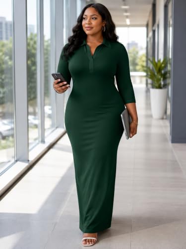 Image of PinkPatty Women's Casual 3 /4 Sleeve Polo V Neck Bodycon Maxi Dress