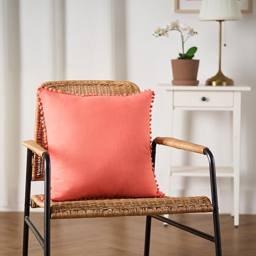 Image of 100% Cotton Pom Pom Cushion Without Filler, Elegant & Modern Cushion Cover for Living Room, Square Shape, 16 inchx16 inch, uni slub, Set of 3 - Coral