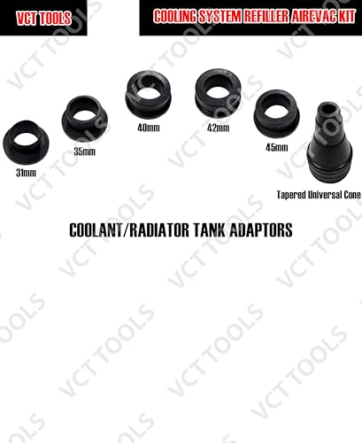 VCT 8pc Coolant System Refiller Kit, 3 Adapters, Remove Air Trapped in Cooling System, Test Radiator and Heating Core Lines for Leaks, Fits Most Radiator Necks and Coolant Reservoirs