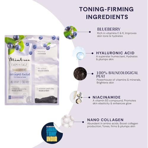 Image of Mintree Organic Blueberry at Home Facial Kit for Women Korean Melting Collagen Flim Sheet Mask|DeTan & Anti Aging European Black Mask| Salon Like Glowing Skin in Easy 5 Steps| Brightens&Tightens