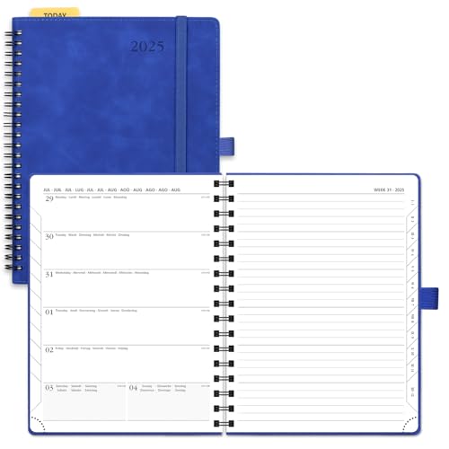 POPRUN Agenda 2025 Semana Vista Espiral 22 x 16,5 cm, Tapa Blanda, Regla Posicionable, Una Página por Semanal con Una Página de Notas, 100 GSM Papel EU, Azul Zafiro