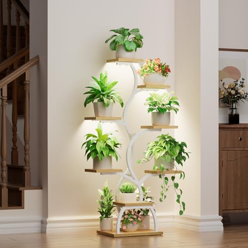 Image of Plant Stand Indoor with Grow Light - 8 Tiered Corner Plant Shelf Indoor | 49 inch Plant Holder with Lights for Indoor Growing, Tall Lighted Flower Stand for Living Room, Balcony, White