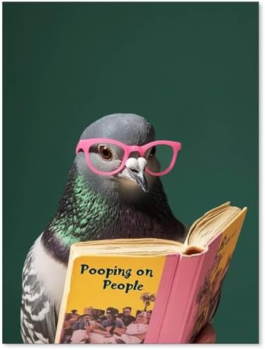 Funny Bird Animal Bathroom Wall Art Pigeon Reading Book Green Pos...