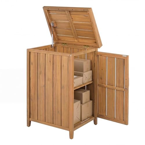 Goplus Wood Package Delivery Box for Outside, Patio Parcel Drop Box with Openable Lid, Removable Shelf, Side Door, Gas Rod, Utility 2-tier Outdoor Storage Cabinet Tool Shed for Front Porch Yard Garden