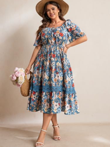 Image of RWJ Women's Plus Size Maxi Dress Short Sleeve Square Neck Flowy A-Line Lace Trim Flutter Party Casual Off Shoulder Dresses