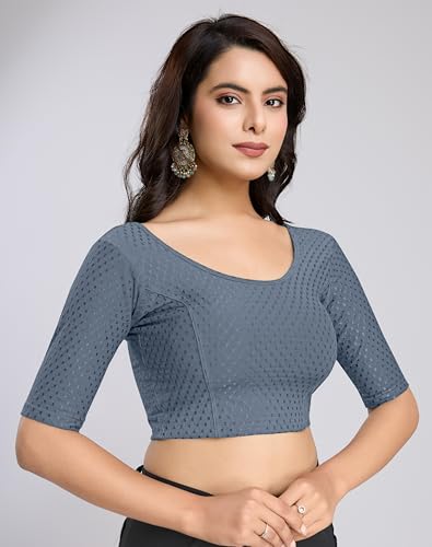 Image of TRENDMALLS Women's Dobby Pure Cotton Elastin Stretchable Readymade Round Neck Elbow Length Sleeves Blouse Choli Stylish Saree Blouse Ready to Wear