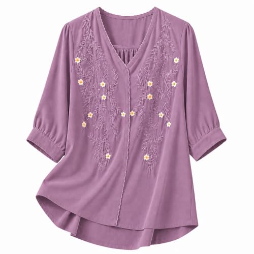 Image of RIEKA Womens Embroidered Korean Style Top and Tunic; V Neck| Floral Thread Embroidery| Three Quarter Puff Sleeves |Relaxed Fit Curved Hem| Casual Everyday Fusion Top