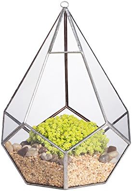 NCYP 8.6inches Silver Handmade Hanging Glass Geometric Terrarium Diamond Teardrops Shape Display Planter Succulent Air Plants Holder Indoor Decor Flower Pot Box Centerpiece (NO Plants)