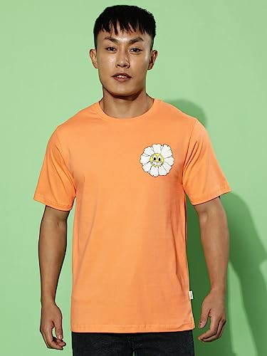 Image of Veirdo Cotton Blue Radiance & Orange Regular Fit Half Sleeve Crew-Neck Printed T-Shirt for Men