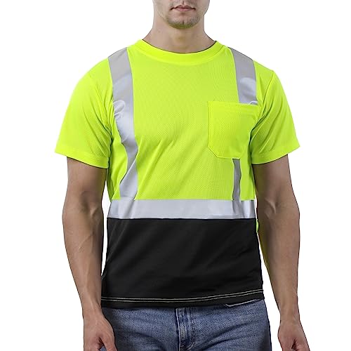sesafety Hi Visibility Shirts for Men, Safety Shirts with Reflective Strips Class 2, Hi Vis Construction Work Shirt with Pocket Yellow M