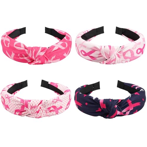 Budsmile Breast Cancer Headbands Pink Ribbon Wide Knotted Breast Cancer Awareness Headband for Women Workout Sports Yoga Running Tennis Breast Cancer Hair Accessories Gift 4pcs