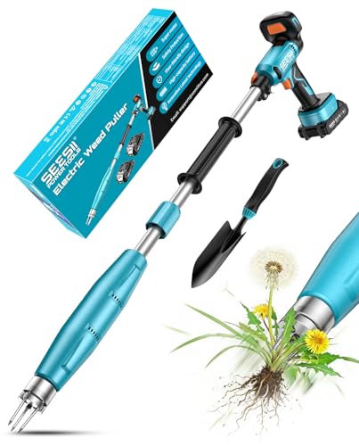 SEESII Stand-Up Weed Puller Tool with 40'-47' Adjustable Handle, High-Power 3-Claw Stainless Steel Spiral, 4S Deep Root Removal, One-Button Eject, Dandelion Remover & Crabgrass Puller for Garden