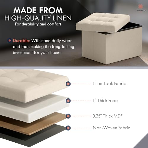 image for Ornavo Home Small Storage Ottoman Foldable Collapsible Rectangle Linen