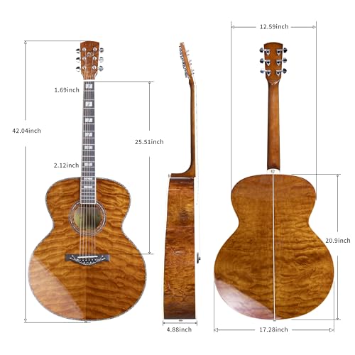 Tario Antique Jumbo Body Acoustic Guitar for Beginners Suitable for Home Practice Natural Quilted Maple Body and Neck 400mm Scale Length