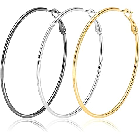 Oreillestar 3 Pairs Big Hoop Earrings for Women 14K Gold Plated Silver Black Set Hypoallergenic Stainless Steel Large Hoops 60MM Cover