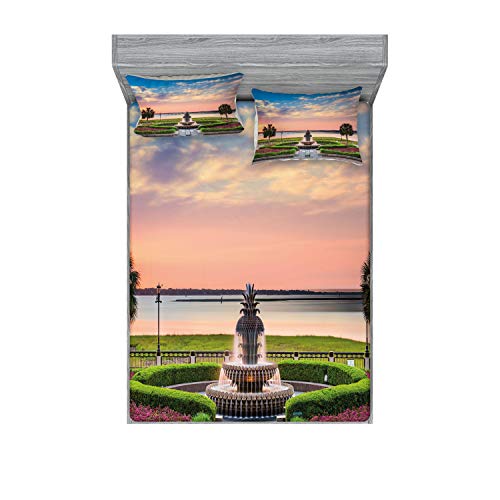 Ambesonne Charleston Fitted Sheet & Pillow Sham Set, South Carolina USA at Waterfront Park Ocean Scenery Illustration Coastal Beach, Decorative Printed 3 Piece Bedding Decor Set, Queen, Multicolor