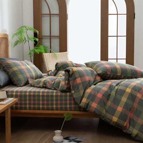 Image of VM VOUGEMARKET Washed Cotton Bedding Set King Colorful Plaid Duvet Cover Set 3 Pieces Orange Grey Green Grid Duvet Cover with Zipper Ties for Men Women-104x90 Inch