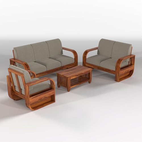 Image of Solid Sheesham Wooden 6 Seater Sofa Set Without Coffee Table with Light Taupe Cushion for Living Room Furniture - Honey Finish (3+2+1)