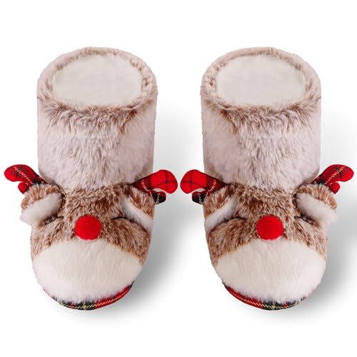 Dream Bridge Chaussons pour filles Noël Bottes d'intérieur pour enfants Renne élan Animaux Chaud Peluche Touffu Bottines à la cheville,élan,Taille XXL,34/35EU