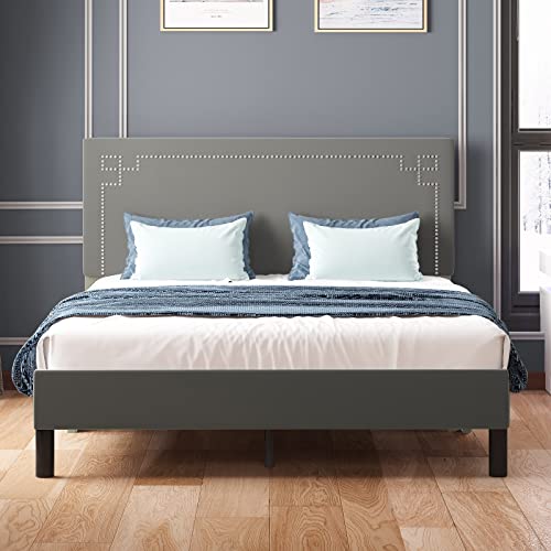 Balus Bed Frame, Platform Bed Frame With Rivet Flannel Headboard， Wood Platform, Solid Wood Foundation With Wood Slat Support/No Box Spring Needed/Easy Assembly(Light Grey) #TOP2