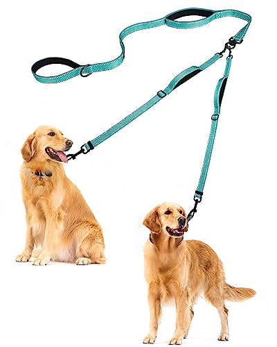 PetBonus Double Dog Leash, No Tangle Dual Dog Leash, Reflective Walking Training Leash, 4 Comfortable Padded Handles for 2 Dogs with Collapsible Bowl and Waste Bags (Turquoise, Large)