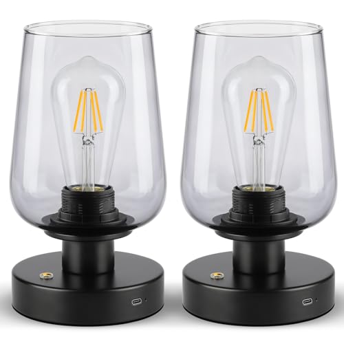 FOLKSMATE Cordless Bedside Table Lamps Set of 2, Rechargeable Touch Nightstand Lamp, 3 Way Dimmable Night Light with LED Bulb, Battery Operated Lamp for Home, Black