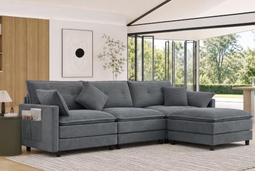 Image of 107.3 inch L-Shaped Modular Sectional Sofa with Storage Ottoman, 3-Seat Deep Seat Corduroy Cloud Sofa with 4 Throw Pillows, Cloud Couch for Living Room, Bedroom, Apartment, Tool-Free Assembly, Grey