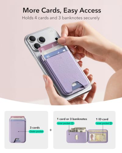 Image of ESR Aura for MagSafe Wallet with Adjustable Stand, RFID Blocking, MagSafe Ring Included, 5 Card Holder Magnetic Wallet for iPhone 17e /17 /16 /15 /14 /13 /12, Not for 13 /12 Mini, Selected Samsung, Lavender