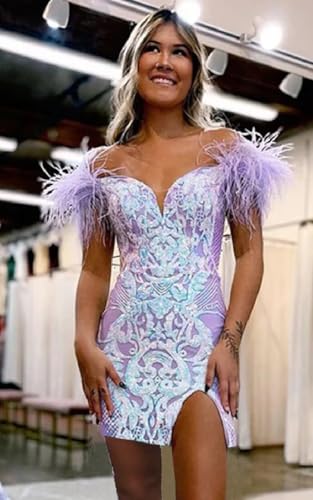 Off The Shoulder Homecoming Dresses with Feather Sparkly Sequin Short Prom Cocktail Dress2