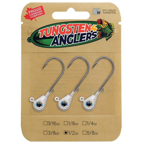 Tungsten 4 Anglers – 97% Pure Tungsten Forward Facing Live Sonar Sleek Bomb Jig Heads | 1/4 3/8 1/2oz. Damiki Rig with Bkk Hooks, 3pcs/Bag for Bass, Walleye, Pike Fishing (White, 1/2oz #5/0)