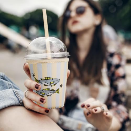 Image of Reusable Insulated Sleeve for Iced Coffee Cup, Coffee Neoprene Sleeve for Cold & Hot Drinks, Beverage Holder for Iced Coffee (Fish Stripes, Medium: 22-24oz)