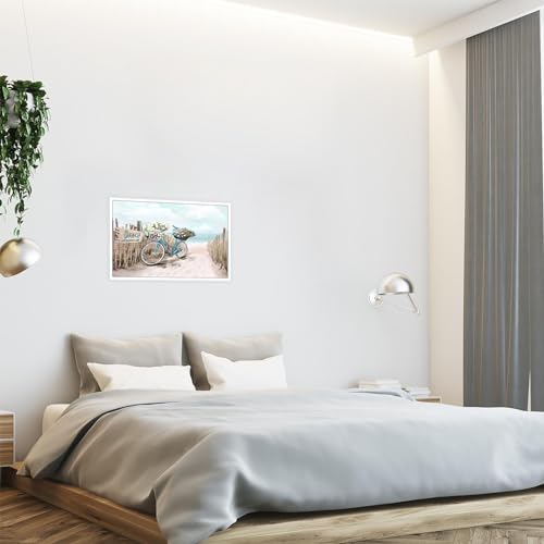 YNHQNGO Beach Canvas Wall Art for Bathroom Ocean Pictures Seaside Bicycle Canvas Print Seascape Painting Framed Teal Aqua Blue Calming Shoreside Artwork for Modern Coastal Themed Lake Home Bedroom - Image 7