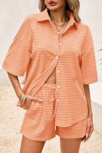 Image of Tankaneo Womens Striped 2 Piece Sets Short Sleeve Lounge Set | Button Down, Waffle Knit, Pajama Lounge Set, Summer Outfits