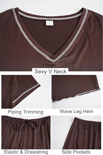Image of Vozanet Women's Plus Size Pajama Sets Short Sleeve Long Pants Solid Color with Piping Trim Elegant Loungewear Cozy Sleepwear