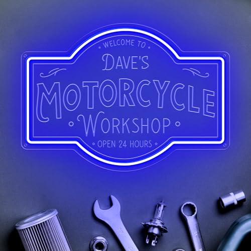 Custom Motorcycle Workshop Neon Sign, Personalized Garage LED Acrylic Light for Biker Garage Man Cave Auto Shop Repair Shop Tool Room Mechanic Decorations, Customized Motorcycle Sign Gift for Men Him
