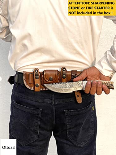 Ottoza Handmade Damascus Tracker Knife With Ram Horn Handle - Survival Knife - Camping Knife - Damascus Steel Knife - Damascus Hunting Knife With Sheath Horizontal Carry Fixed Blade Knife No:262 #TOP5
