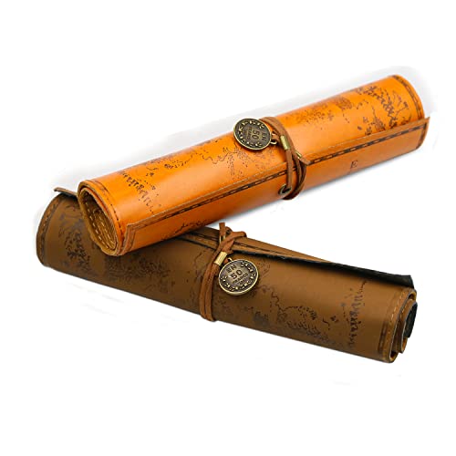 2 Stück Leder Federmäppchen, Handgefertigte Mäppchen, Mehrzweck Retro Stifterolle mit Aufgedruckter Schatzkarte, Kunstleder Vintage zu Rollen Stifteköcher für Schule Büro Oder Bilden Werkzeug Cover
