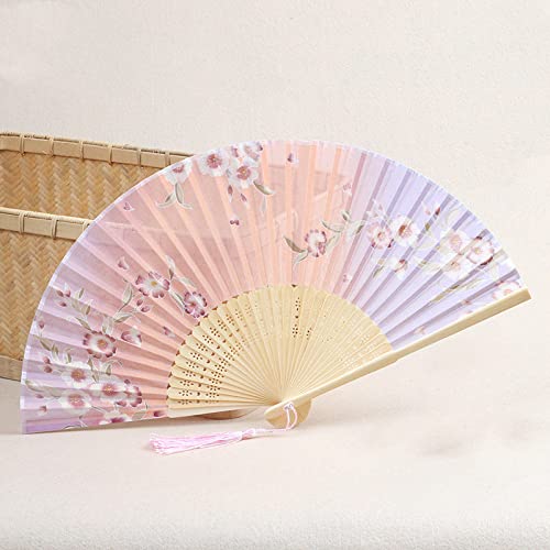 JYCCH Éventail Pliant De Poche, Éventails À Main Pliants Élégants Éventails en Bambou De Soie Floral Floral avec Gland Tissu Oriental Orange Violet Éventail Chinois Éventails À Main pour Cover