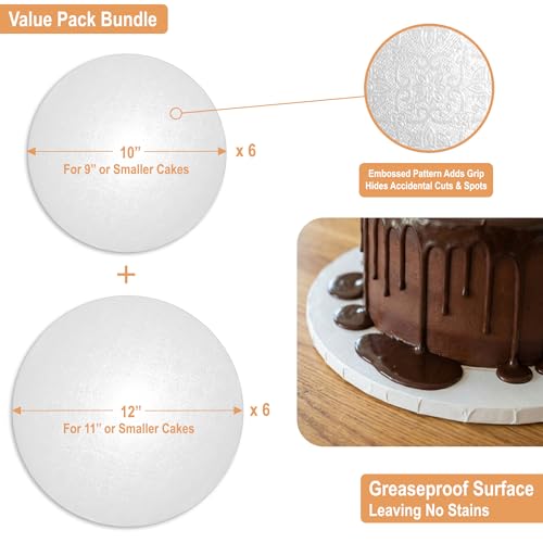 BOARDS+ Cake Drums 10 & 12 Inch (2 Sizes, 12 Pack Total) | 1/2\" Thick Cake Rounds + Prop Up Tool Included | 0.5\" Sturdy Circles, Seamless & Greaseproof For Presenting Heavy/ Tiered Cakes